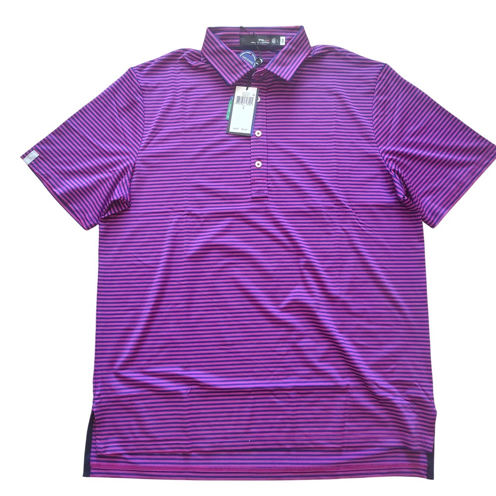 RLX‎ Ralph Lauren Mens Golf Polo Shirt Pink Purple Stripe Wicking Size L
